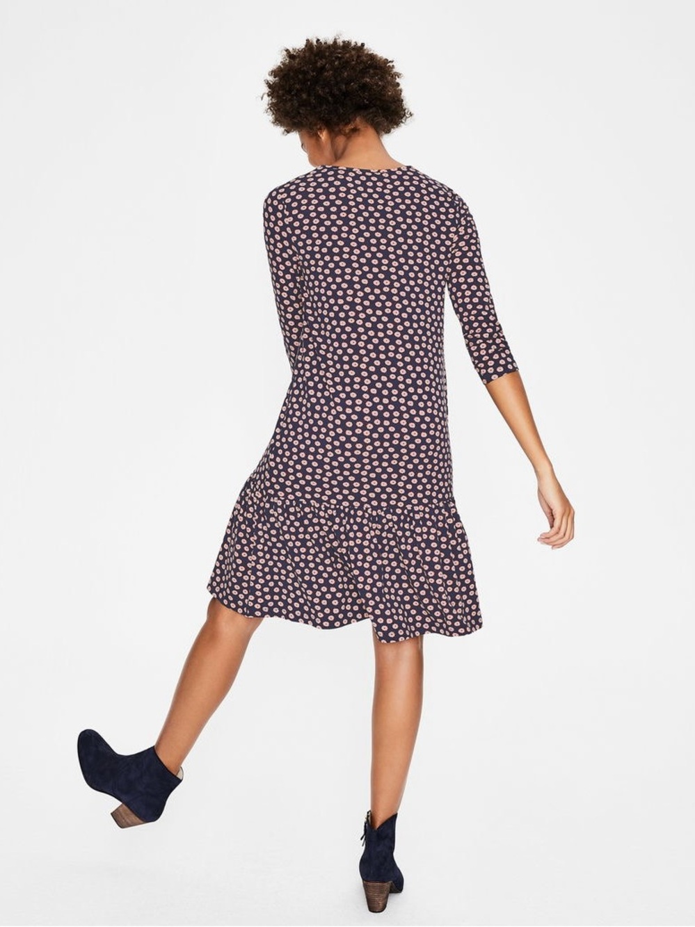 Boden Selena Jersey Knit Dress Size US 8 R Floral Navy Keyhole Neck Peplum Hem - Picture 2 of 16
